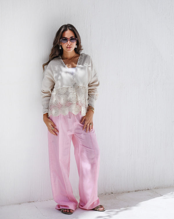 Ivory Linen Pants in Pink